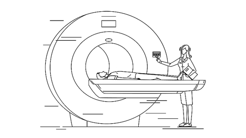 nurse preparing patient for mri scan test black line pen drawing vector. doctor testing man health in x-ray mri hospital equipment. clinic magnetic resonance imaging scanner device illustration