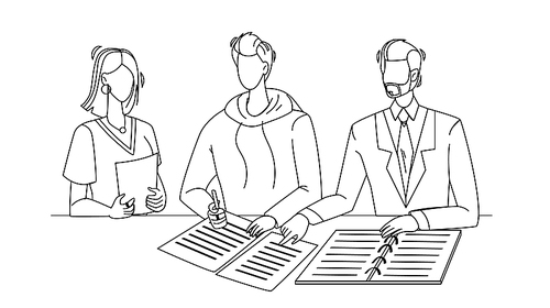 man signing notary document by signature black line pen drawing vector. notary showing place for sign legal agreement or contract. characters attorney, secretary and client lawyer illustration