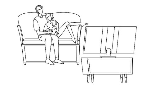 pastime couple family watching tv together black line pen drawing vector. young man and woman sitting on couch and watch television electronic device, passive pastime. leisure time illustration