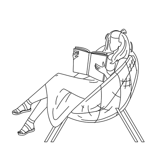 woman sit in chair and read book in patio black line pen drawing vector. young girl sitting in decorative armchair and reading literature on patio relaxation place. character in garden illustration