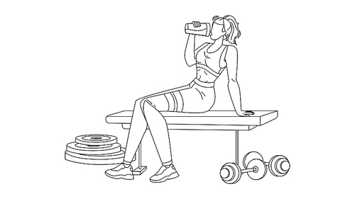 woman drink protein cocktail from shaker black line pen drawing vector. sportive girl sitting on gym bench and drinking protein refreshment beverage after exercise. sport equipment illustration