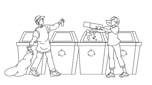 characters human sorting recycling garbage black line pen drawing vector. young man with trash bag throw recycling plastic bottle and woman organic rubbish. illustration