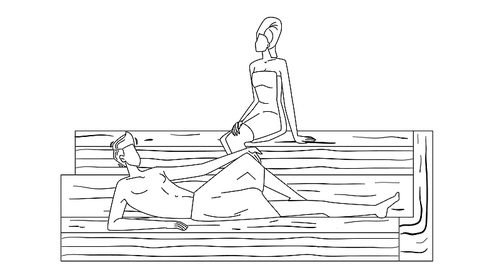 man and woman relax in sauna beauty salon black line pen drawing vector. young boy and girl wearing towel relaxing in sauna, high temperature relaxation steam. spa center service illustration