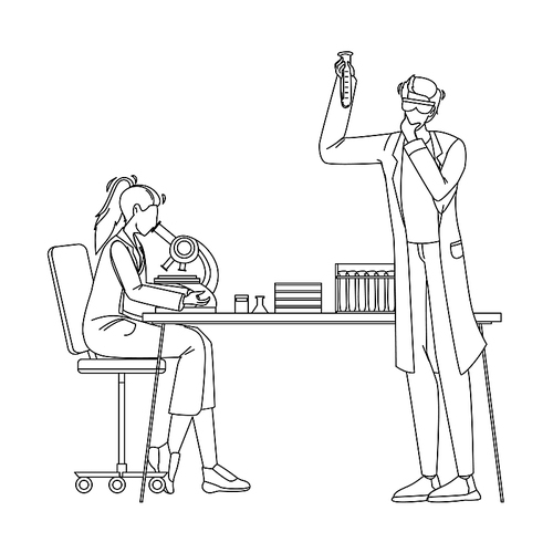 scientists work and research in laboratory black line pen drawing vector. scientists workers, woman looking and analyzing through microscope, man researching chemical liquid in flask. illustration