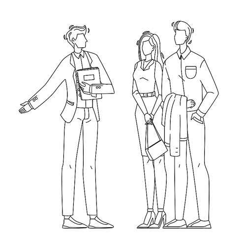 seller manager and clients in showroom black line pen drawing vector. businessman speaking with young couple man and woman in showroom. characters choosing and buying shop service illustration