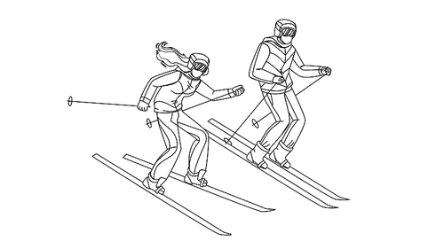 man and woman skiing downhill from hill black line pen drawing vector. young boy and girl skiers skiing down from snow mountain. characters winter seasonal activity extreme sport illustration