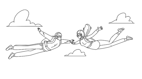 skydivers man and woman skydive in air black line pen drawing vector. young boy and girl wearing skydive clothes, protective helmet and parachute falls through from sky. characters illustration