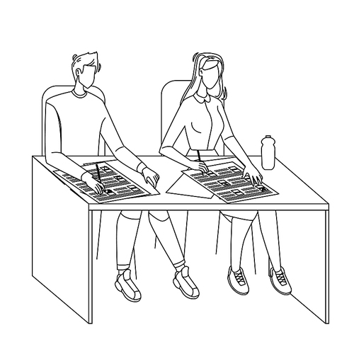student exam write on paper answer sheet black line pen drawing vector. student boy and girl sitting at table and write test in classroom. characters school or university education illustration
