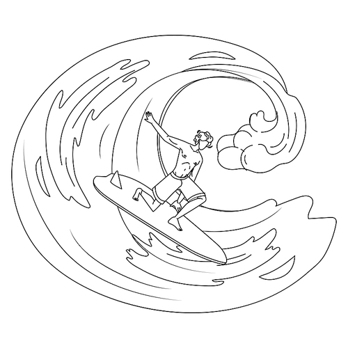 sportsman surfer surfing on high ocean wave black line pen drawing vector. young man surfing on sea water sport equipment board. character athlete extreme sportive active lifestyle illustration