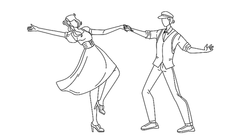swing dance party dancing young couple black line pen drawing vector. retro energy swing dance performing man and woman. boy and girl dancers leisure active time and enjoyment illustration