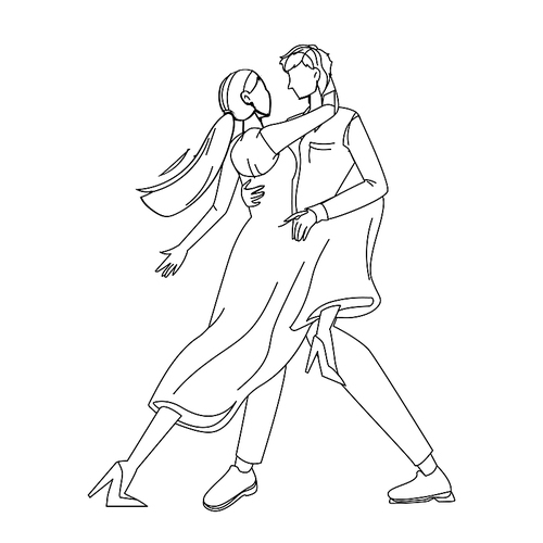 tango dance dancing couple man and woman black line pen drawing vector. attractive young boy and girl dancers wearing elegant clothes performing romantic latino tango. characters illustration