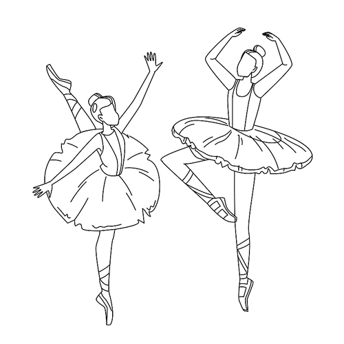 ballerinas wearing tutu dancing ballet black line pen drawing vector. young women dancers wear tutu costumes perform on stage or rehearsing dance. characters fashion classical dress illustration