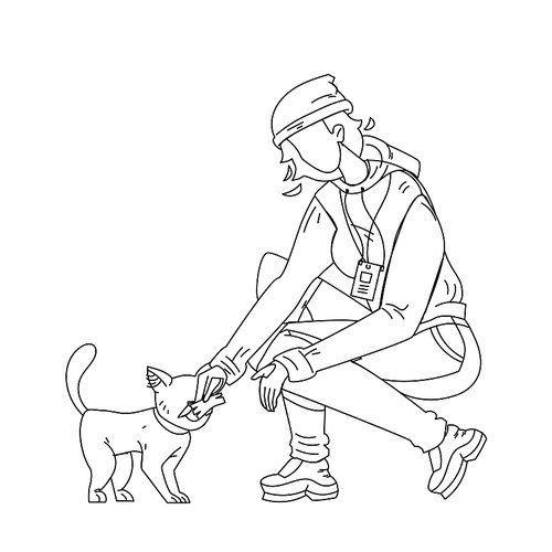 woman volunteer feed homeless cat black line pen drawing vector. young girl volunteer working in animal shelter, caring and nourish feeding kitten pet. person volunteering illustration