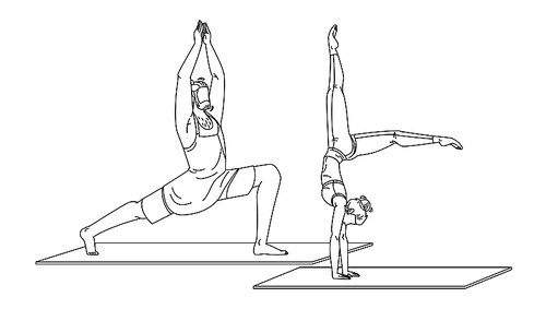 young people in sportswear practicing yoga black line pen drawing vector.. man in warrior pose and sporty flexible woman handstand yoga exercise with splitted legs. relaxation illustration