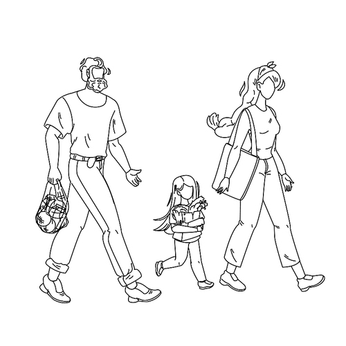 family with groceries in zero waste bag black line pen drawing vector.. man father, woman mother and girl daughter going with  natural zero waste package. characters illustration