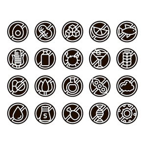 Allergen Free Products Glyph Icons Set Vector. Allergen Free Food, Drink Pictograms. Healthy Produce, Safe Dairy, Poultry, Cereals. Genetic Nutrients Intolerance Glyph Pictograms Black Illustrations