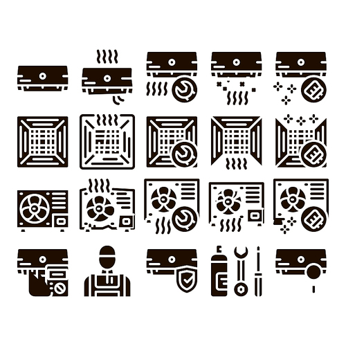 Conditioner Repair Glyph Icons Set Vector. Conditioner Repair, Fixing Equipment Pictograms. Air Conditioning System Maintenance, Technical Support, Tools Kit Glyph Pictograms Black Illustrations