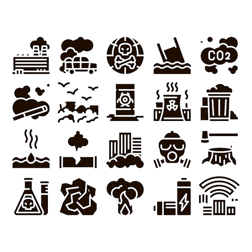 Pollution of Nature Glyph Icons Set Vector. Environmental Pollution, Chemical, Radiological Contamination Pictograms. Gas, CO2 Emissions, Dirty Soil, Water, Air Glyph Pictograms Black Illustrations