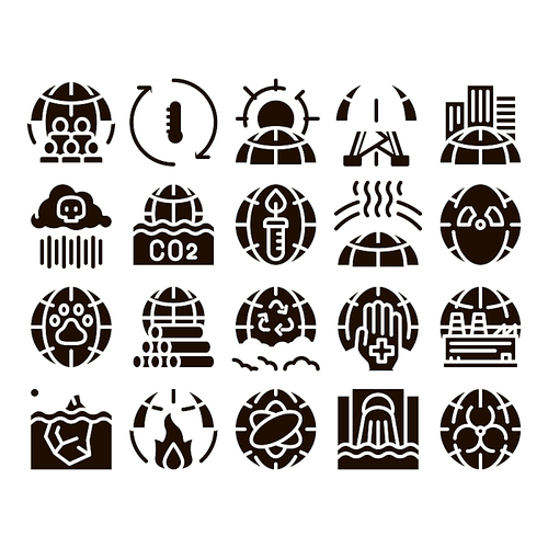 Environmental Problems Glyph Icons Set Vector. Environmental Problem, Industrial Pollution, Contamination Greenhouse Effect, Global Warming, Climate Change Glyph Pictograms Black Illustrations