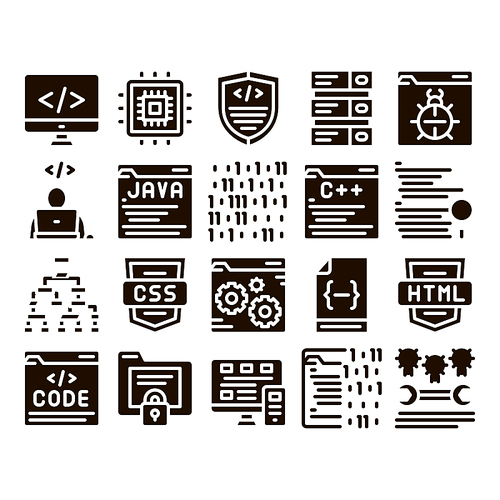 Coding System Glyph Icons Set Vector. Binary Coding System, Data Encryption Pictograms. Web Development, Programming Languages, Bug Fixing, HTML, Script Glyph Pictograms Black Illustrations