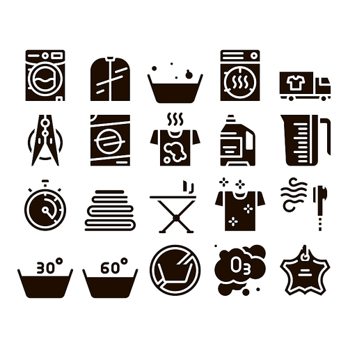 Laundry Service Glyph Icons Set Vector. Laundry Service, Washing Clothes Pictograms. Laundromat, Dry-Cleaning, Launderette, Stain Removal, Ironing Glyph Pictograms Black Illustrations