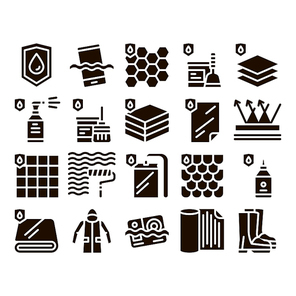 Waterproof Materials Glyph Icons Set Vector. Waterproof Material For Personal, Industrial Use . Water Resistant Device, Clothes, Moisture Absorbing Substance Glyph Pictograms Black Illustrations