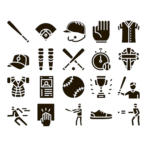 Baseball Game Tools Glyph Set Vector Thin Line. Baseball Bat And Ball, Protection Helmet And Glove, Stopwatch And Cup Glyph Pictograms Black Illustrations