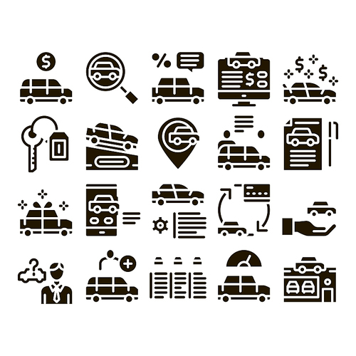 Car Dealership Shop Glyph Set Vector Thin Line. Car Dealership Agreement And Document, Auto Salon And Building, Key And Gps Mark Glyph Pictograms Black Illustrations