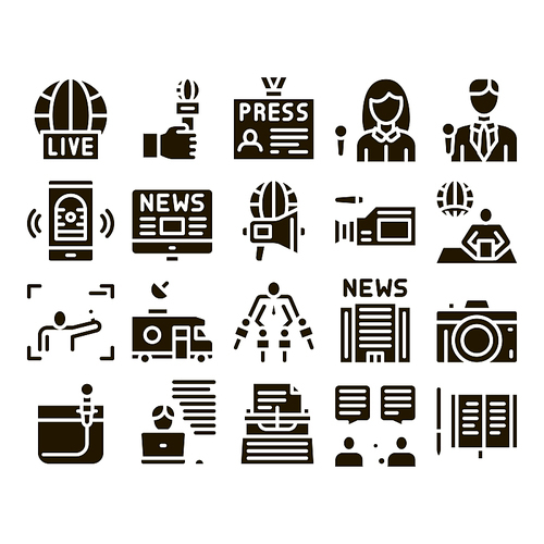 Journalist Reporter Glyph Set Vector Thin Line. Journalist And Hand With Microphone, Video And Photo Camera, Press And Live News Glyph Pictograms Black Illustrations
