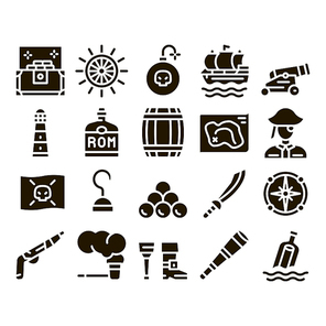 Pirate Sea Bandit Tool Glyph Set Vector Thin Line. Pirate Saber And Spyglass, Steering Rudder, Crossed Bones And Skull Flag Glyph Pictograms Black Illustrations