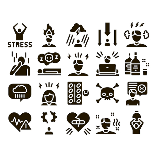 Stress And Depression Glyph Set Vector Thin Line. Anti Stress Pills And Alcoholic Drink Bottle, Angry Human And With Burning Head Glyph Pictograms Black Illustrations