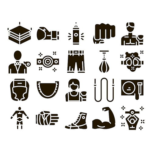 Boxing Sport Tool Glyph Set Vector Thin Line. Boxing Glove And Shirts, Protection Helmet And Mouth Piece, Ring And Box Award Glyph Pictograms Black Illustrations