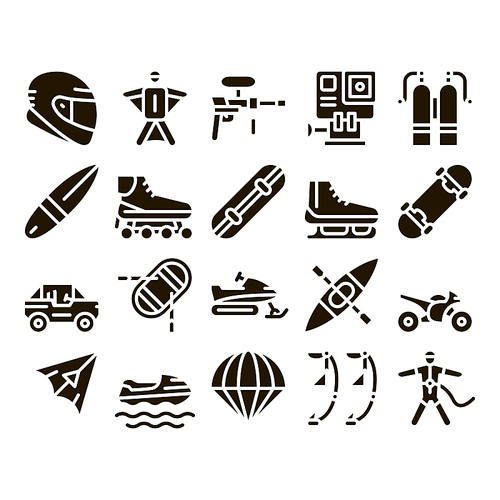Extreme Sport Activity Glyph Set Vector Thin Line. Bike And Crash Helmet, Parachute And Hang-glider Equipment For Extreme Active Glyph Pictograms Black Illustrations