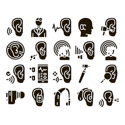 Hearing Human Sense Glyph Set Vector Thin Line. Hearing Aid Device And Earphone. Doctor And Medical Equipment For Research Glyph Pictograms Black Illustrations