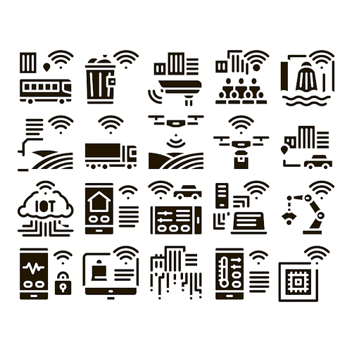 internet of things iot glyph set vector thin line. wifi signal in bus and truck, cctv . and drone internet of things glyph pictograms black illustrations