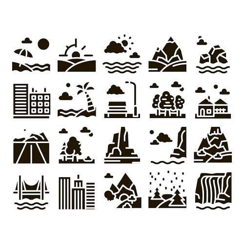 Landscape Travel Place Glyph Set Vector Thin Line. City And Seaside, Island And Mountain, Bridge And Park Landscape Glyph Pictograms Black Illustrations