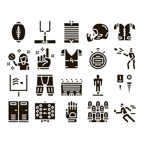 Rugby Sport Game Tool Glyph Set Vector Thin Line. Rugby Ball And Gates, Athlete Protection Equipment And Glove, Helmet And Stopwatch Glyph Pictograms Black Illustrations