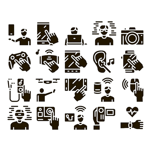 Gadget And Device Glyph Set Vector. Smartphone And Tablet, Photo And Video Camera, Drone And Play Joystick Gadget Glyph Pictograms Black Illustrations