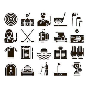 Golf Game Equipment Glyph Set Vector. Golf Club Building And Putter With Ball, Caddy Car And Field, Player And Champion Cup Glyph Pictograms Black Illustrations
