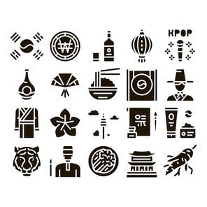 Korea Traditional Glyph Set Vector. Korea Flag And Wearing, Food And Drink, Palace Building And Gong, Fan And Lantern Glyph Pictograms Black Illustrations