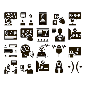 Speech Therapist Help Glyph Set Vector. Speech Therapist Therapy, Alphabet And Blackboard, Phone And Microphone Glyph Pictograms Black Illustrations