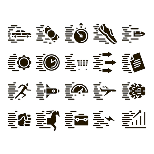 Speed Fast Motion Glyph Set Vector. Moving At High Speed Car And Air Plane, Rocket And Bullet, Running Human And Horse Glyph Pictograms Black Illustrations