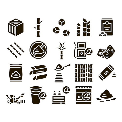 Sugar Cane Agriculture Glyph Set Vector. Sugar Cubes And Package, Agricultural Harvest, Plant Building And Sweet Water Cup Glyph Pictograms Black Illustrations