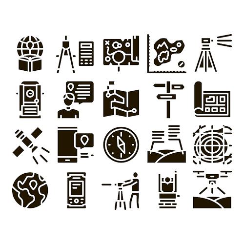 Topography Research Glyph Set Vector. Topography Equipment And Device, Compass And Calculator, Satellite And Phone, Drone Glyph Pictograms Black Illustrations