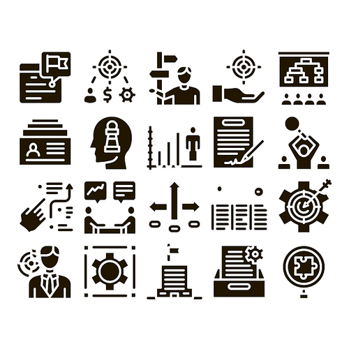 Strategy Manager Job Glyph Set Vector. Contract Signing And Customer Database, Business Direction Strategy Manager Glyph Pictograms Black Illustrations