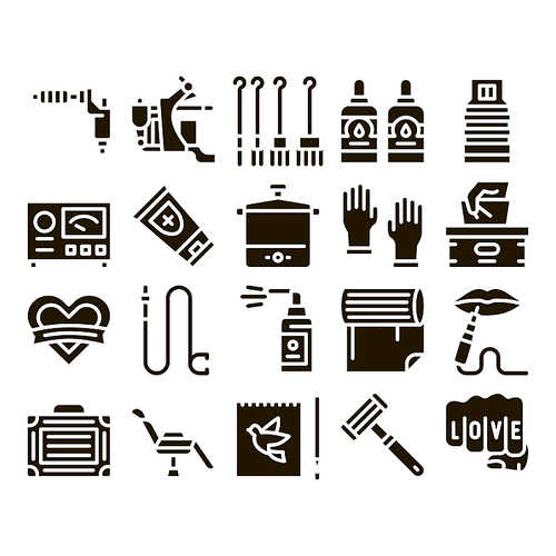 Tattoo Studio Tool Glyph Set Vector. Tattoo Studio Machine And Razor Equipment, Chair And Case, Cream And Ink Bottles Glyph Pictograms Black Illustrations