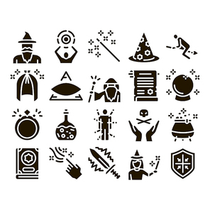 Wizard Magic Equipment Glyph Set Vector. Wizard Wand And Hat, Sphere And Knife, Book And Ring, All-seeing Eye And Doll Glyph Pictograms Black Illustrations