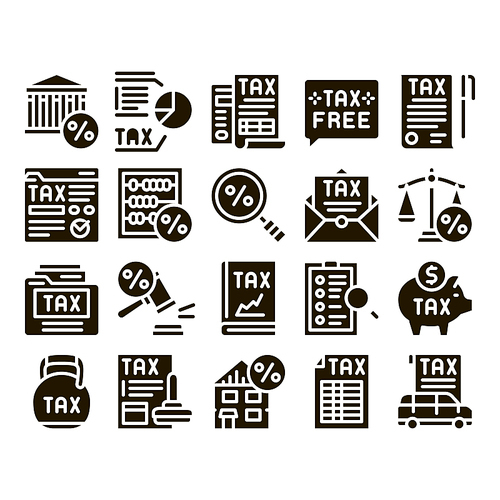 Tax System Finance Glyph Set Vector. Tax System Building And Car, Document And Mail Notice, Abacus And Scales Glyph Pictograms Black Illustrations