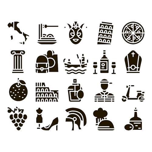 Italian Traditional Glyph Set Vector. Italian Pizza And Wine, Meal And Grape With Orange, Perfume And Fashion Cloth Accessories Glyph Pictograms Black Illustrations