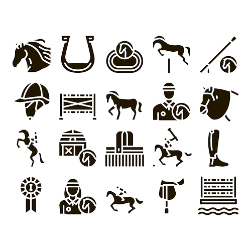 Equestrian Animal Glyph Set Vector. Equestrian Horse And Polo Game, Rider Helmet And Shoe, Horseshoe And Barrier Glyph Pictograms Black Illustrations